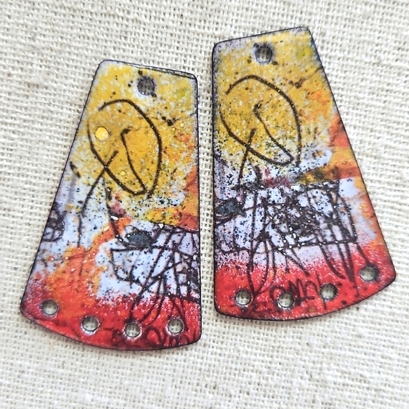 SALE Large Abstract Red and Yellow Earring Charms Enamel Copper 4 Bottom Holes - Picture 1 of 3